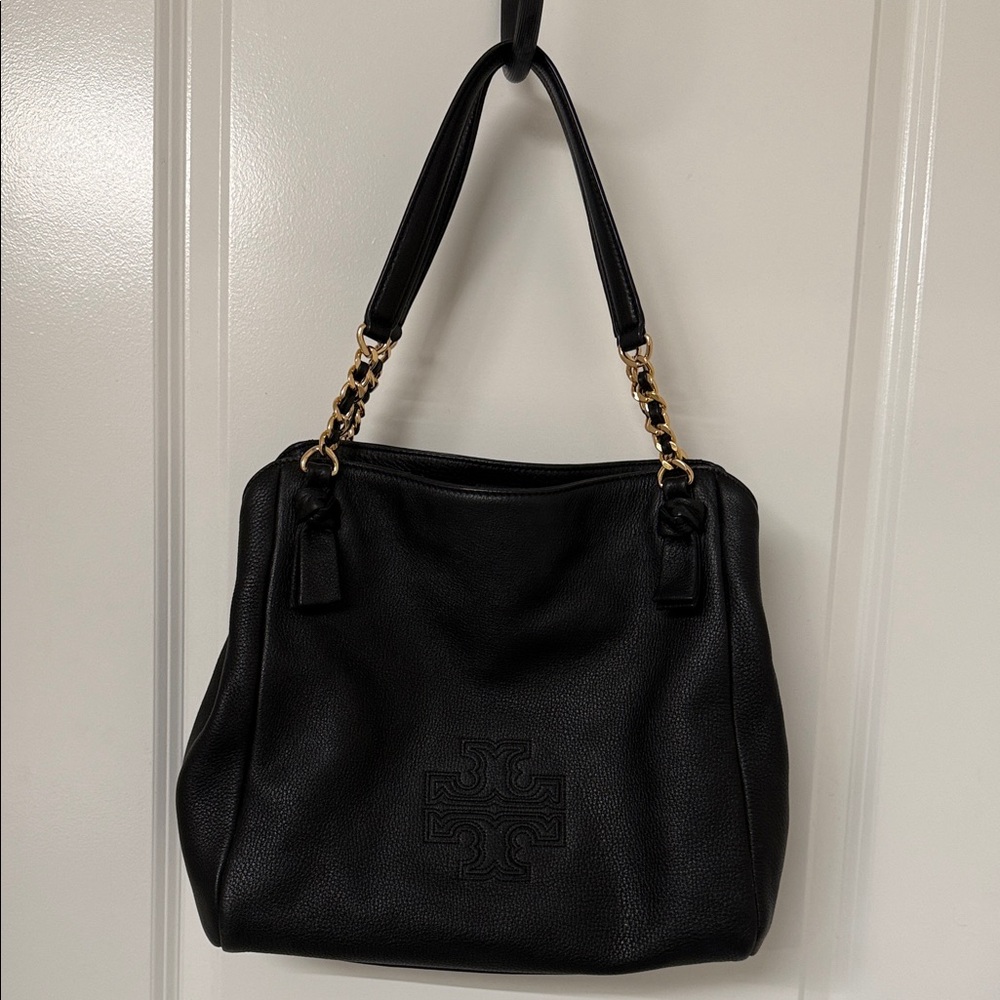 Tory Burch Black Leather Shoulder Bag with Gold Accents